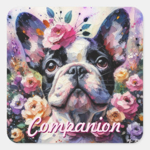 French Bulldog with Roses Floral Black White Pink Square Sticker