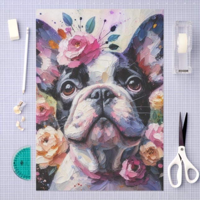 French Bulldog with Roses Floral Decoupage Tissue Paper (Craft)