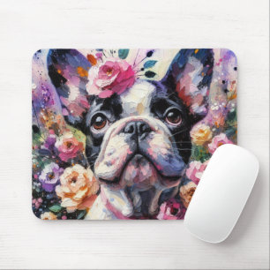 French Bulldog with Roses Floral Dog White Black Mouse Pad