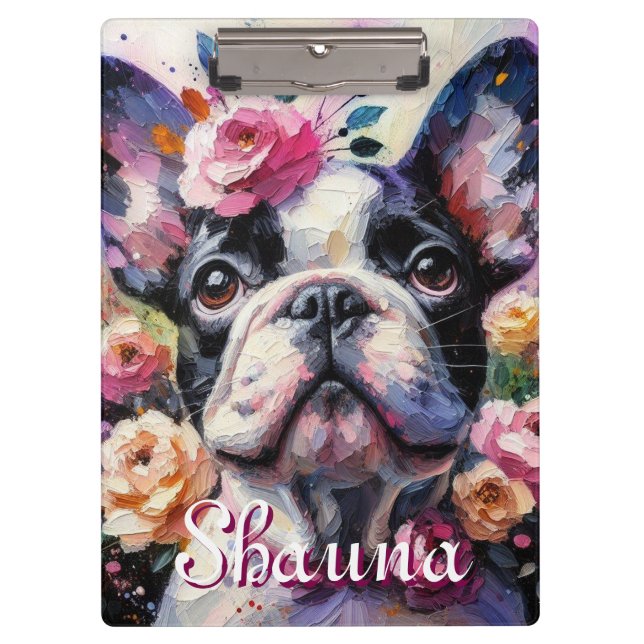 French Bulldog with Roses Floral Personalised Clipboard (Front)