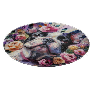 French Bulldog with Roses Impressionistic Painting Cutting Board