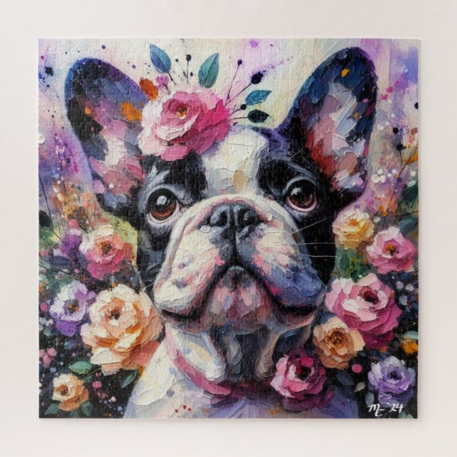 French Bulldog with Roses Impressionistic Painting Jigsaw Puzzle (Vertical)