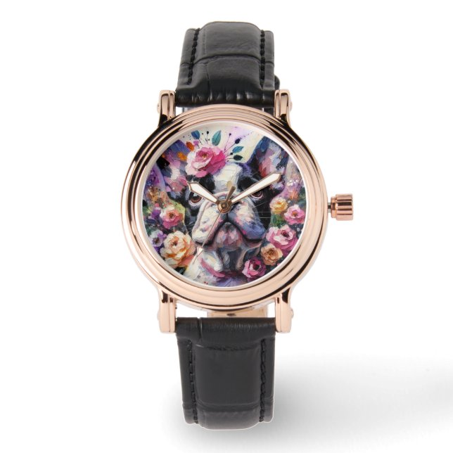 French Bulldog with Roses Impressionistic Painting Watch (Front)