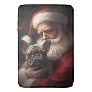 French Bulldog With Santa Claus Festive Christmas Bath Mat