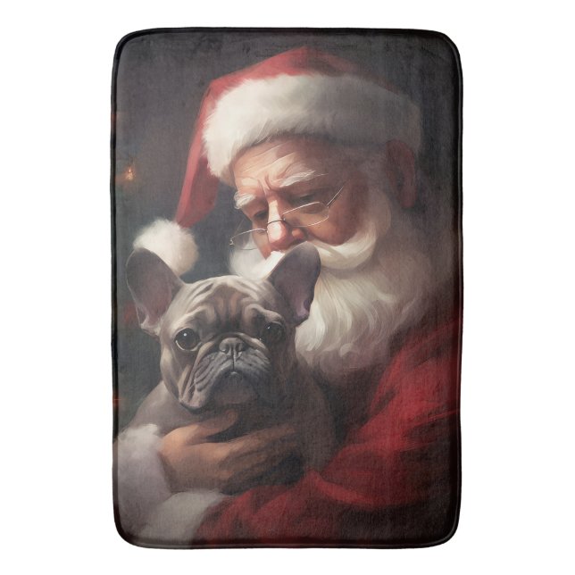 French Bulldog With Santa Claus Festive Christmas Bath Mat (Front Vertical)