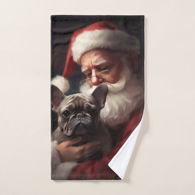 French Bulldog With Santa Claus Festive Christmas Bath Towel Set (Hand Towel)