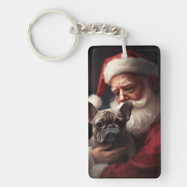 French Bulldog With Santa Claus Festive Christmas Key Ring (Front)