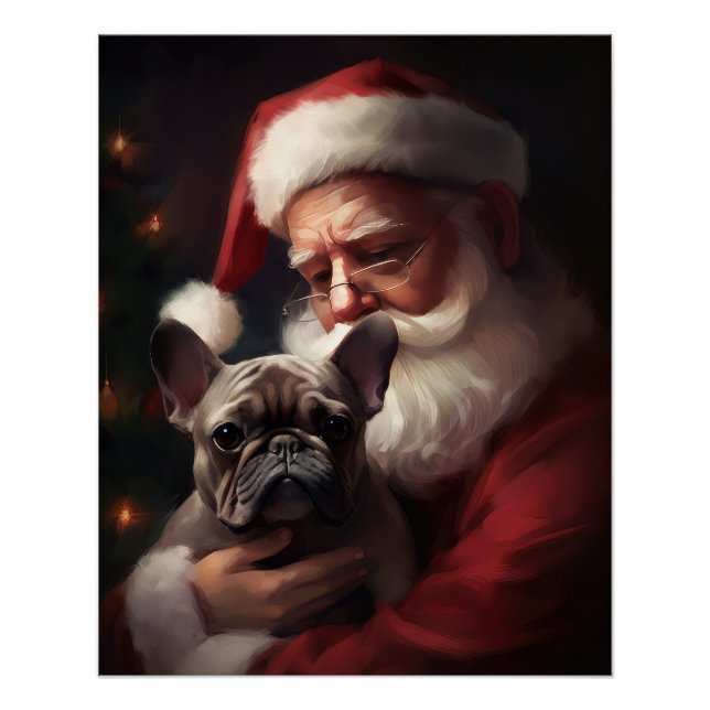 French Bulldog With Santa Claus Festive Christmas Poster (Front)