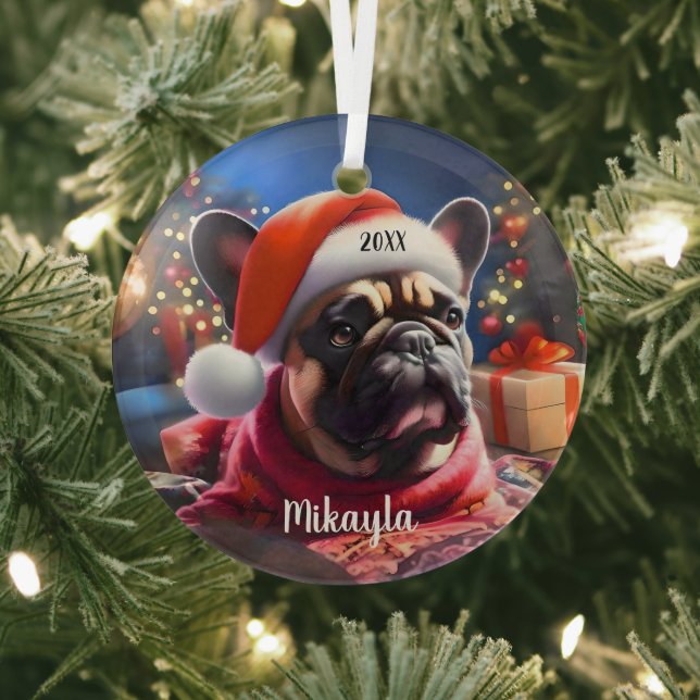 French Bulldog with Santa Hat Christmas Glass Tree Decoration (Insitu)