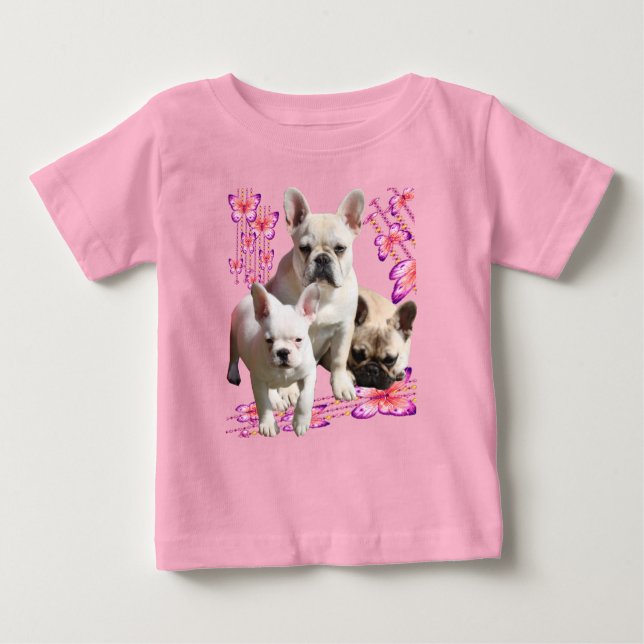 French bulldog with three bulldoggs in pink baby T-Shirt (Front)