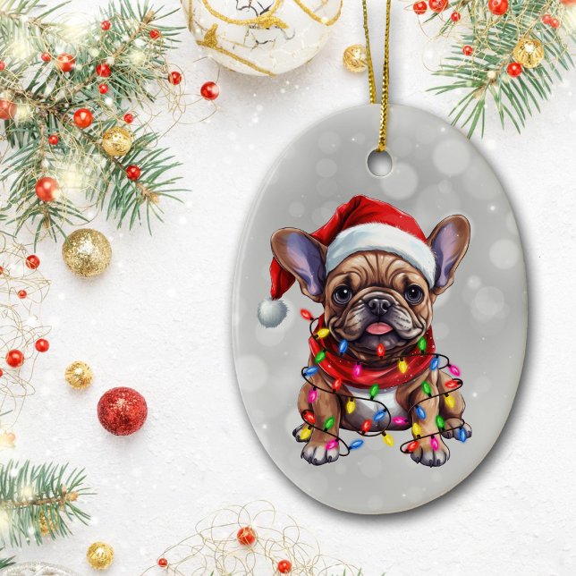 French Bulldog Wrapped in Christmas Lights Ceramic Ornament (Creator Uploaded)