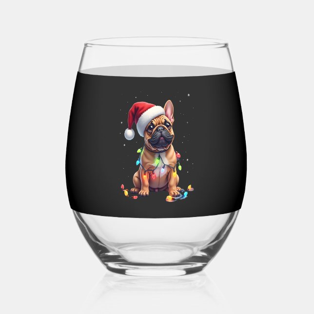 French Bulldog Xmas Lighting Santa French Bulldog  Stemless Wine Glass (Front)