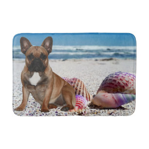 French bulldoggen on the beach bath mat