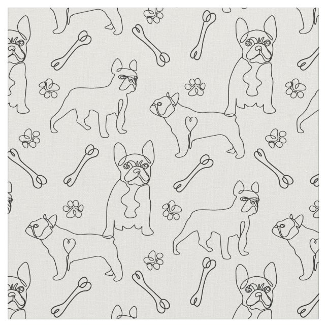 French Bulldogs black and white line art Fabric (Close Up)