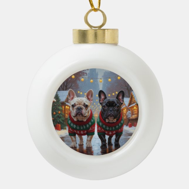 French Bulldogs Christmas Snow Holiday Ceramic Ball Christmas Ornament (Front)