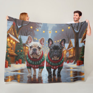 French Bulldogs Christmas Snow Holiday Fleece Blanket