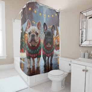 French Bulldogs Christmas Snow Holiday Shower Curtain