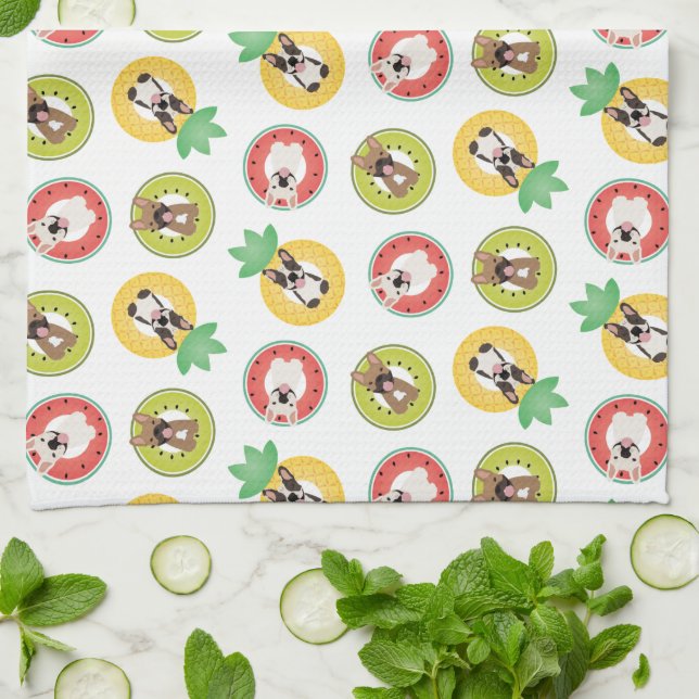French Bulldogs In Fruit Pool Floats Pattern Tea Towel (Folded)