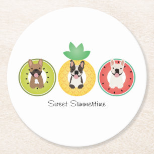 French Bulldogs In Fruit Pool Floats Round Paper Coaster