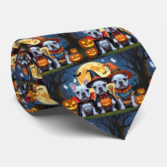 French Bulldogs Pumpkin Halloween Funny  Tie (Rolled)