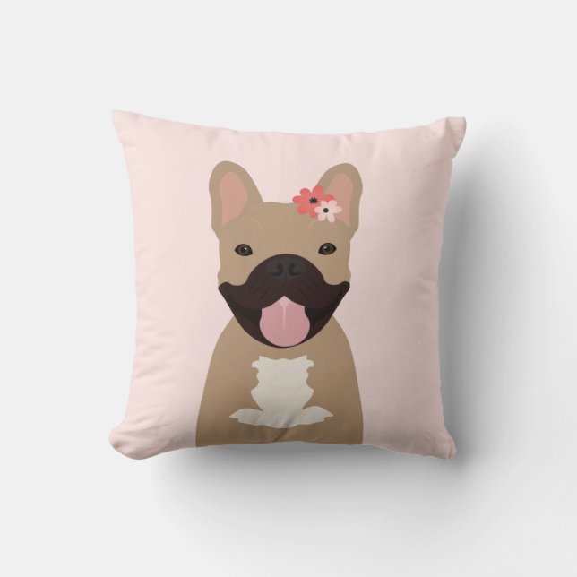 French Bulldogs Smiling Flowers Pink Cushion (Front)