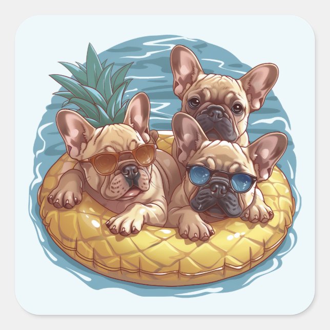 French Bulldogs Summer Pineapple Pool Float Square Sticker (Front)