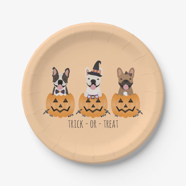 French Bulldogs Trick Or Treat Pumpkin Paper Plate (Front)