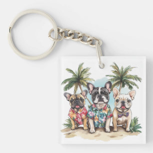 French Bulldogs Wearing Hawaiian Shirts Key Ring