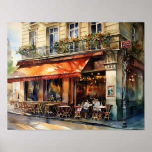 French Cafe Watercolor Landscape Art Print Poster