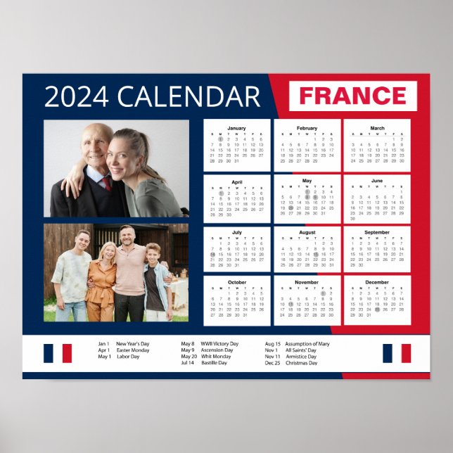 French Calendar in English | Add Your Photo 2024  Poster (Front)
