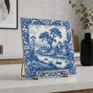 French Canal Panorama Country Folk Small Boat Blue Ceramic Tile
