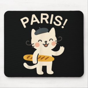 French Cat With Baguette Cute Cat Paris Funny Anim Mouse Pad
