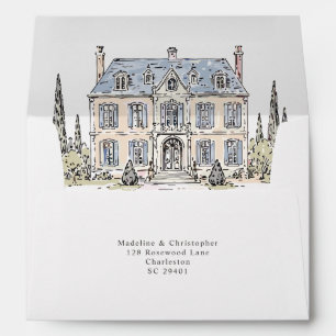 French Chateau Floral Bow Wedding Monogram Envelope