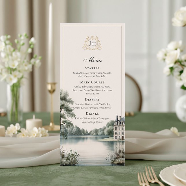French Château Monogram Elegant Wedding Menu Card (Creator Uploaded)