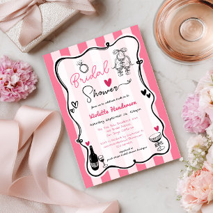 French Chic Hand Drawn Pink Stripe Bridal Shower  Invitation