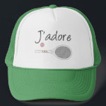 French Chic J'adore Tennis Player Design    Trucker Hat<br><div class="desc">I love tennis design in chic french language, with white retro tennis racket. Personalised classic chic, preppy & elegant tennis design gift for tennis player. Simple, minimalist gift for your tennis coach or tennis team. Personalised Gift for a tennis player. J'adore tennis illustration. Trendy tennis players tournament pastel aesthetic home...</div>