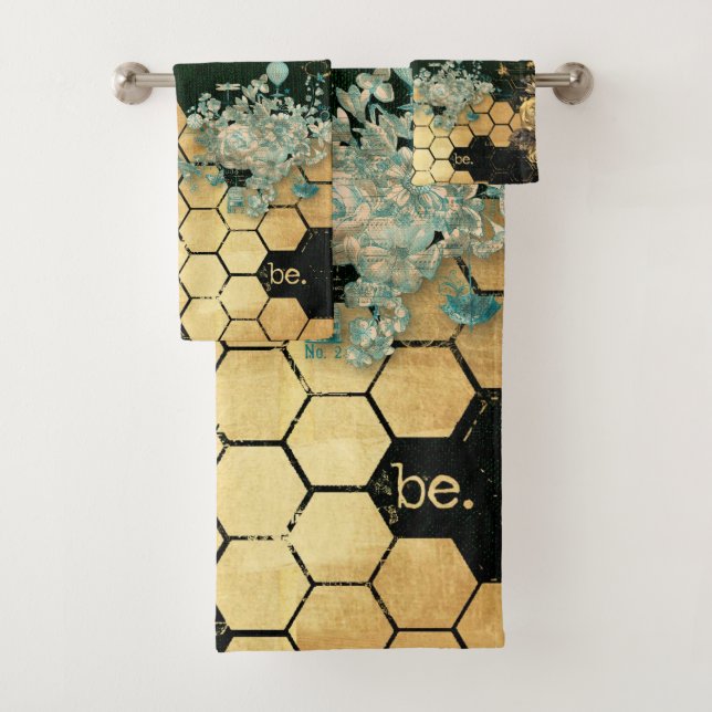 French chic, victorian,bee,floral,gold foil, belle bath towel set (Insitu)