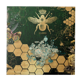 French chic, victorian,bee,floral,gold foil, belle ceramic tile