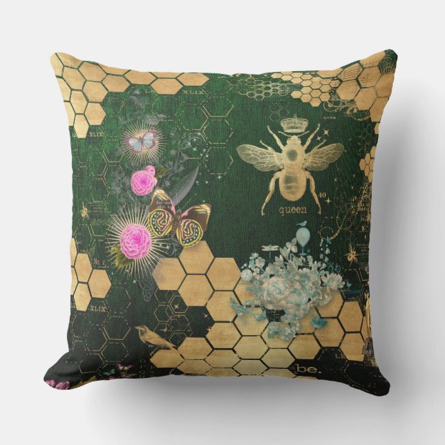 French chic, victorian,bee,floral,gold foil, belle cushion (Front)