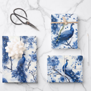 French Chinoiserie Peacock Watercolor Wrapping Paper Sheet