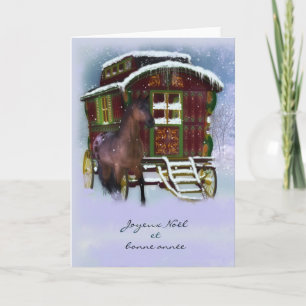 French Christmas Card - Horse And Old Caravan - Jo