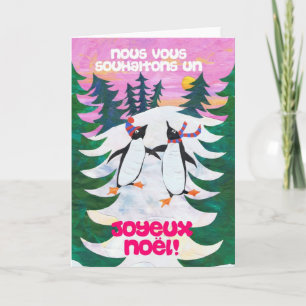 French Christmas Card - Skating Penguins