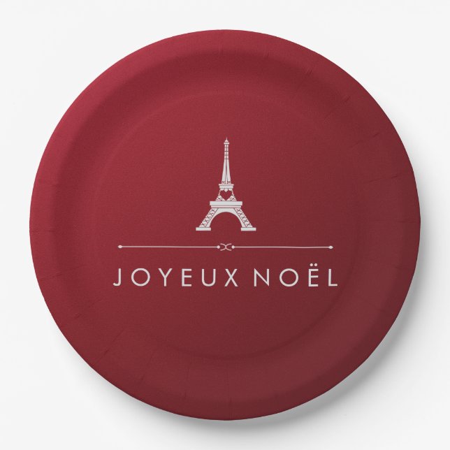 French Christmas Joyeux Noel Eiffel Tower on Red Paper Plate (Front)