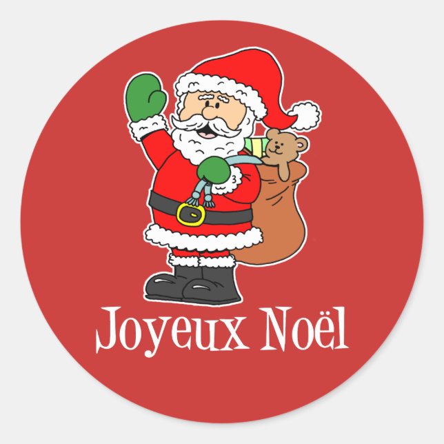 French Christmas Santa Joyeux Noel (ON RED) Classic Round Sticker (Front)