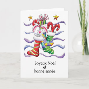 French - Christmas Stocking With Rabbit And Gifts Holiday Card