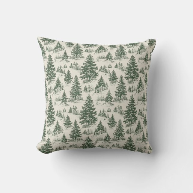 French Christmas Toile Green Throw Pillow (Front)