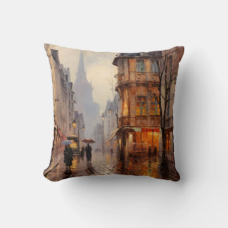 French Cobblestone Street Town - Impressionist Art Cushion