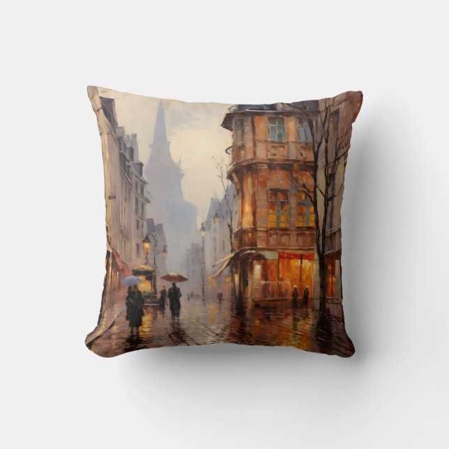 French Cobblestone Street Town - Impressionist Art Cushion (Front)