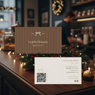 French Cocoa Cream Pinstripe QR Code Bakery Business Card