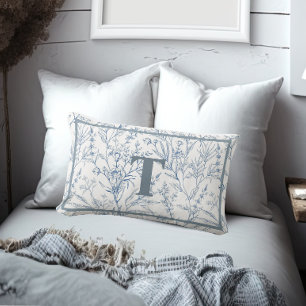 French Cottage Blue White Floral Monogram Lumbar Cushion